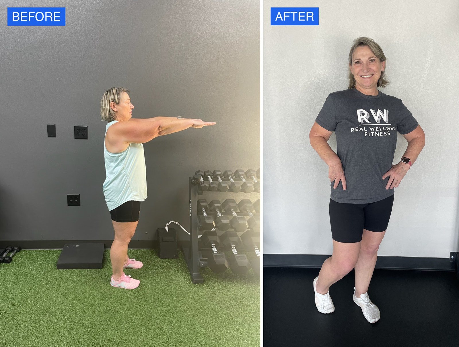 Sonya — before and after side-by-side, Real Wellness MD transformation, 23.8 lbs lost in 24 weeks